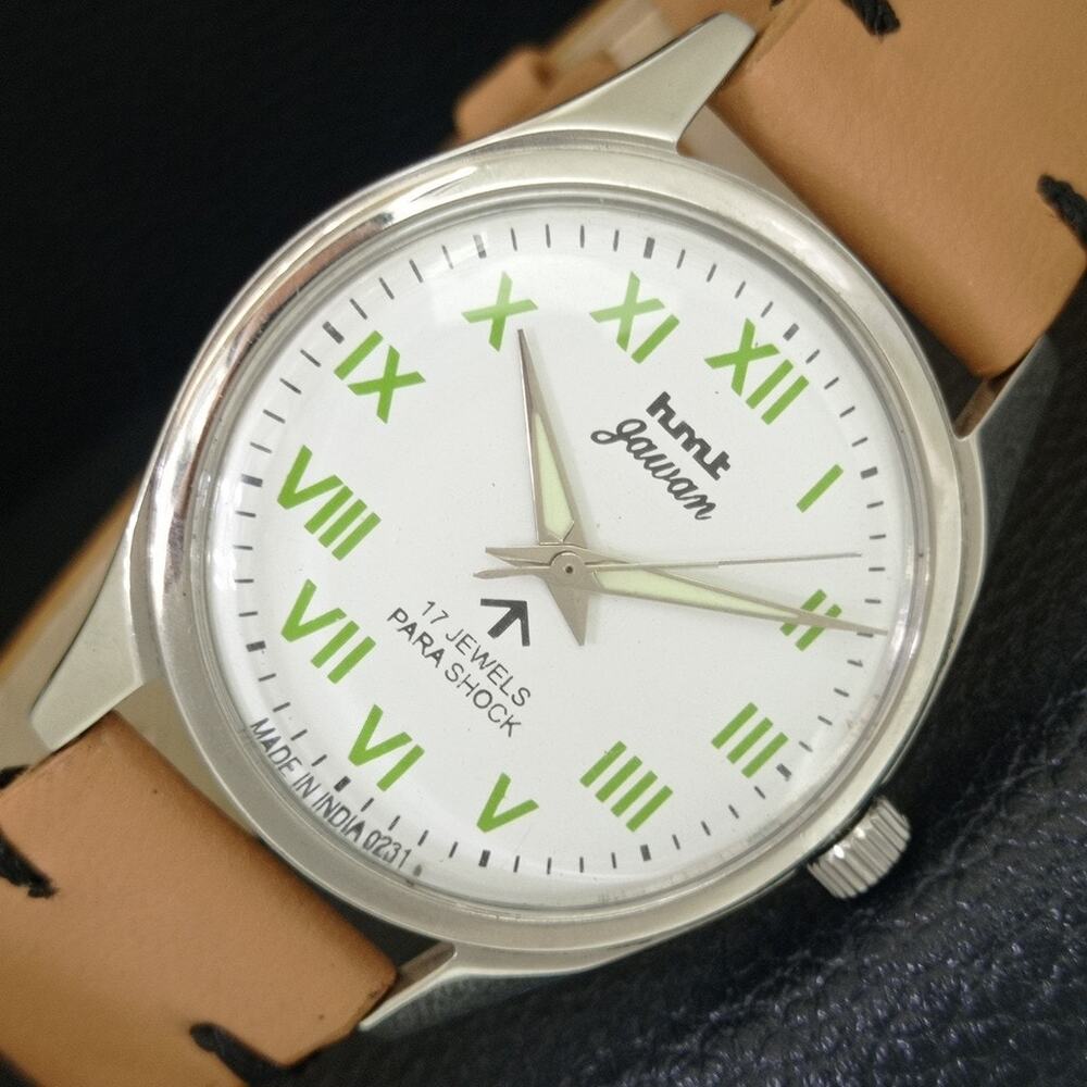 Vintage 1974 HMT Manual Wound Mens Silver Watch & Green accents